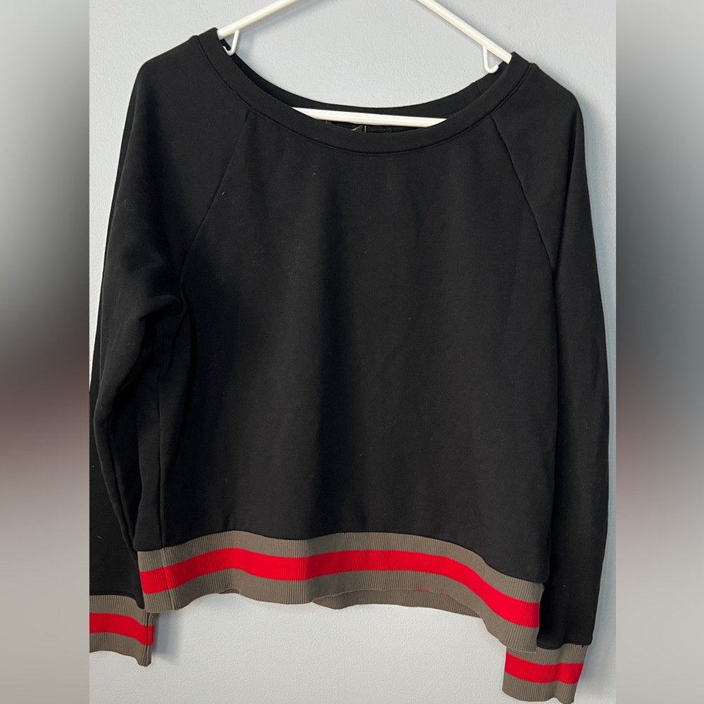 Stella & Dot Black Sweatshirt with Red and Gray Stripes